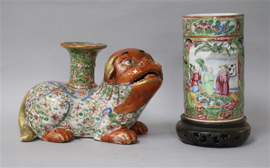 A Japanese Kutani porcelain lion dog candlestick, enamelled and gilt decoration and a Canton vase candlestick height 10cm